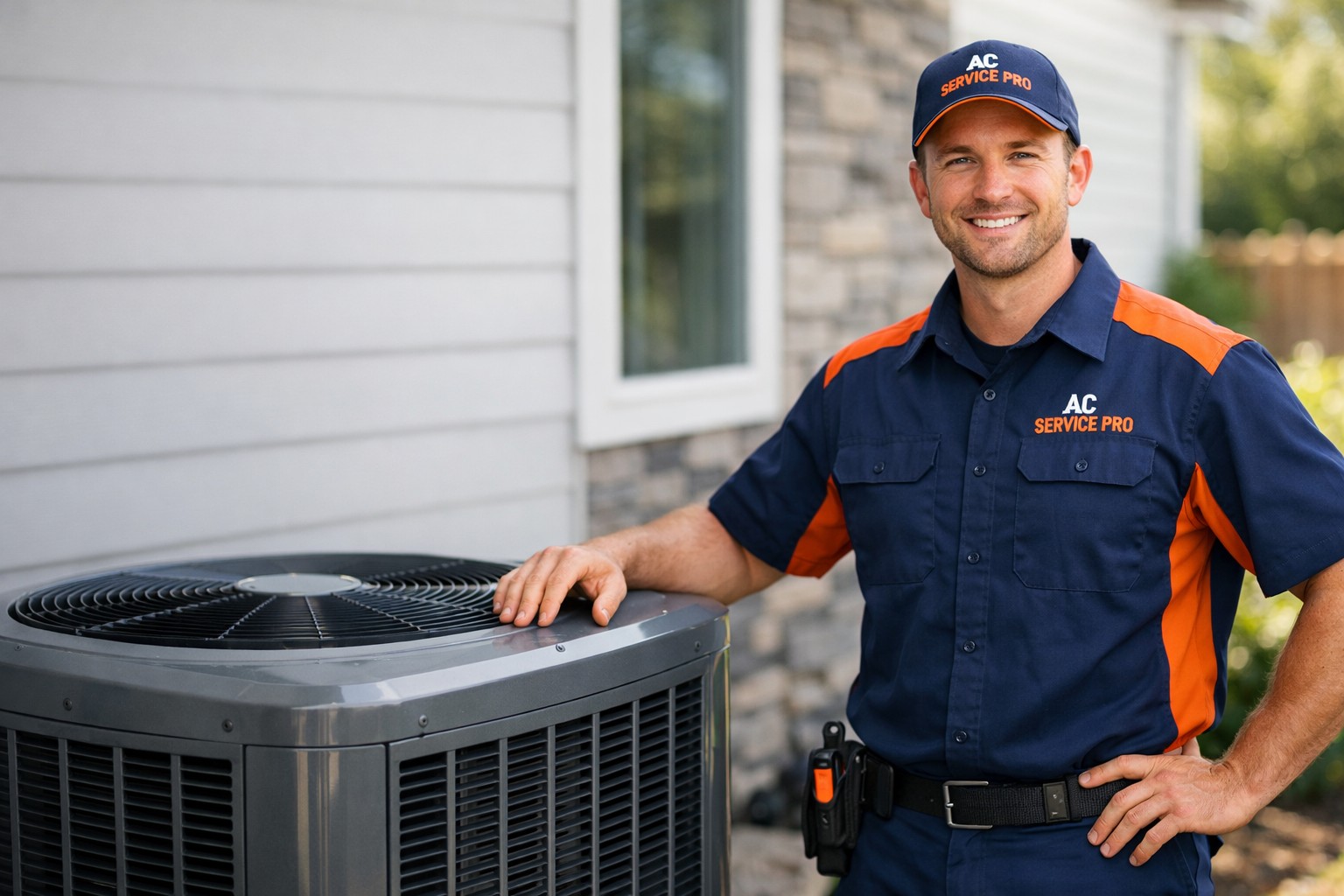Professional HVAC technician with air conditioning unit